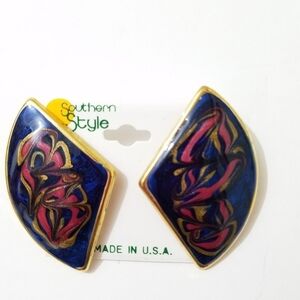 Vintage Pierced Earrings Blue Magenta Metal Fan Shape